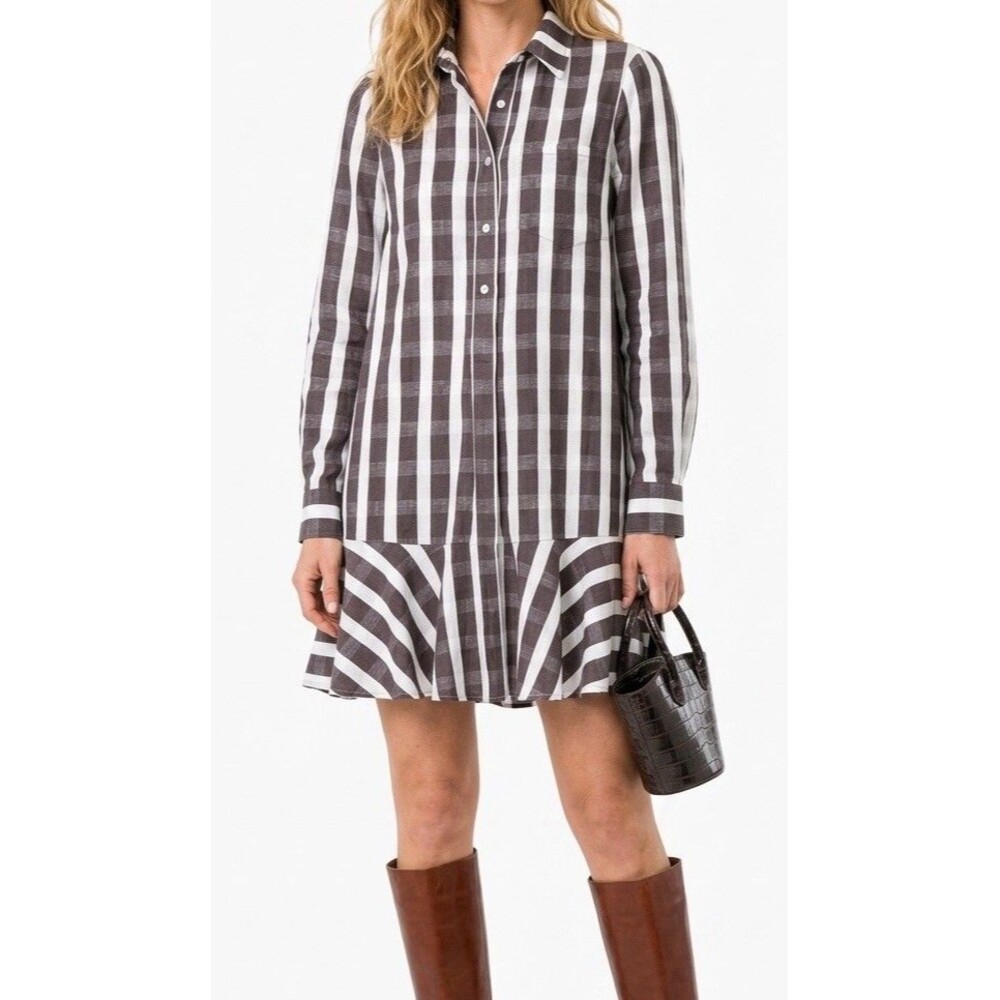TUCKERNUCK Brown Plaid Callahan Shirt Dress Size S Linen Ruffle Hem Preppy